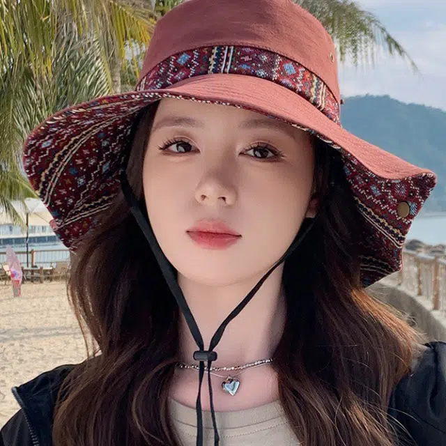 雅鹿 欧美高颜值显脸小彩色提花大沿户外登山露营大檐防晒遮阳 聚酯纤维 渔夫帽 男女同款情侣款