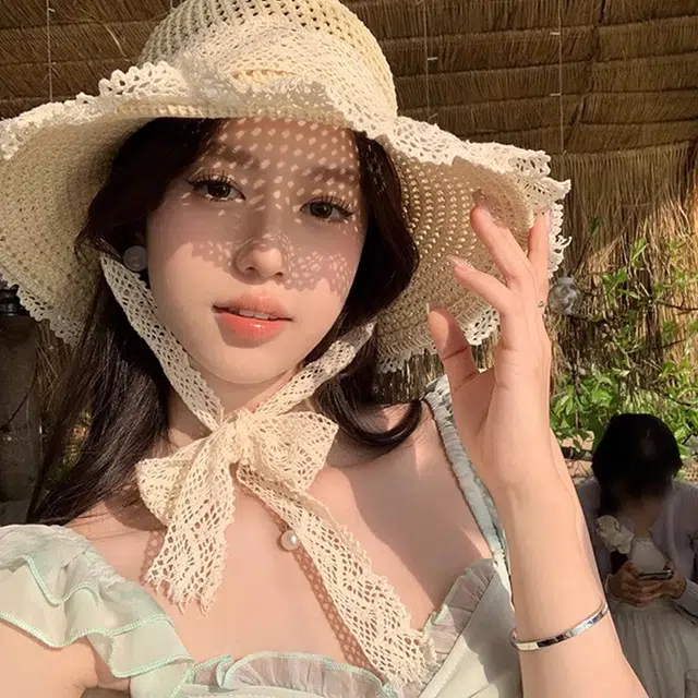 雅鹿 大帽檐遮阳夏季海边透气草编遮脸蕾丝花边草帽时尚百搭 腈纶 防晒帽 女款