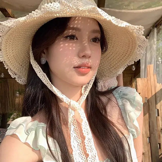 雅鹿 大帽檐遮阳夏季海边透气草编遮脸蕾丝花边草帽时尚百搭 腈纶 防晒帽 女款