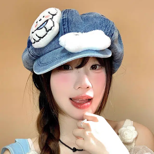 雅鹿 时尚休闲日系可爱小狗复古文艺水洗云朵百搭显脸小防晒遮阳 牛仔布 贝雷帽 女款