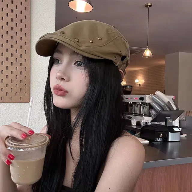 雅鹿 时尚休闲美式青年街头铆钉反戴百搭大头围报童百搭显脸小防晒遮阳 棉 贝雷帽 男女同款情侣款