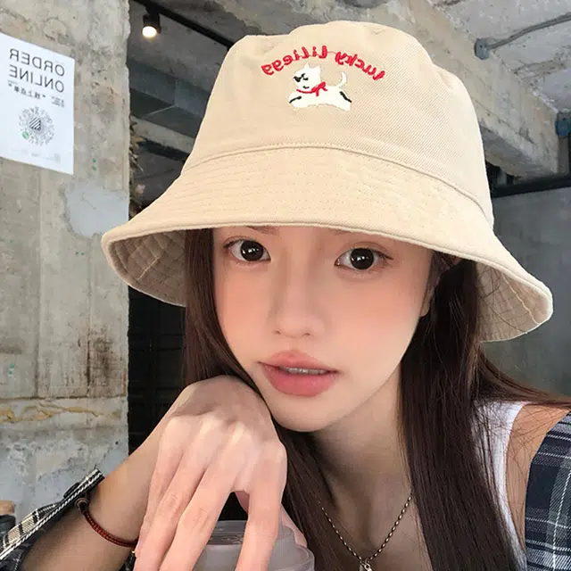 雅鹿 可爱小狗刺绣宽檐软顶盆帽户外出行遮阳遮阳运动风时尚潮流百搭大头围显脸小水桶帽 棉 渔夫帽 男女同款情侣款