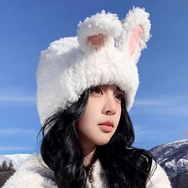 雅鹿 甜美可爱兔保暖加厚显脸小针织户外骑行拍照神器护耳防寒学生防风 聚酯纤维 绒线帽 男女同款情侣款 礼盒装