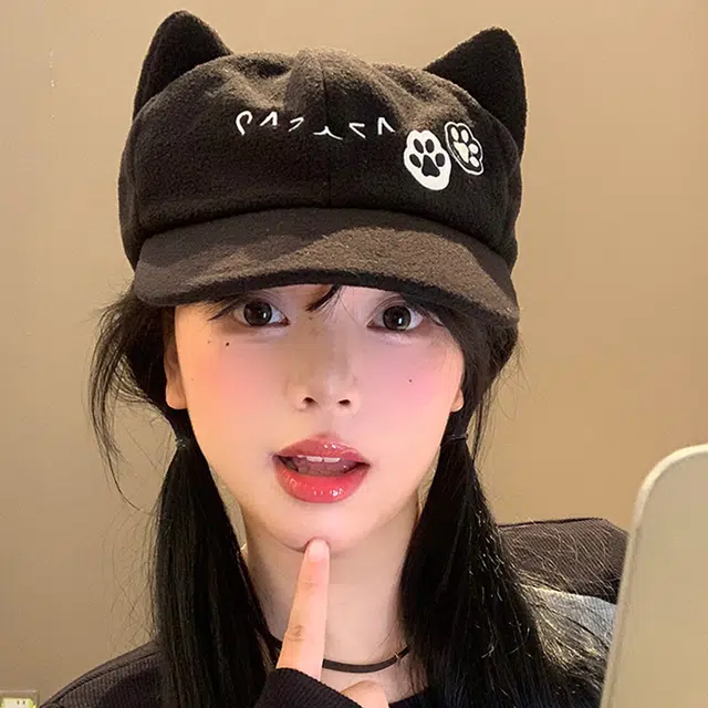 雅鹿 可爱小猫萌妹必备防风猫耳朵二次元萌系宅猫娘可爱猫猫模拟大头围显脸小 聚酯纤维 鸭舌帽 女款