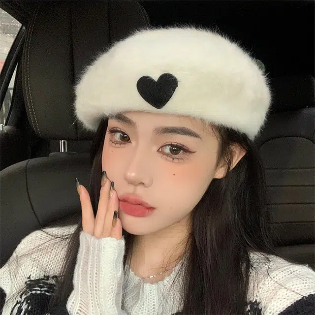 雅鹿 日系温柔少女爱心兔毛画家帽秋冬季韩版学生保暖百搭潮流前进帽 棉 贝雷帽 女款 礼盒装