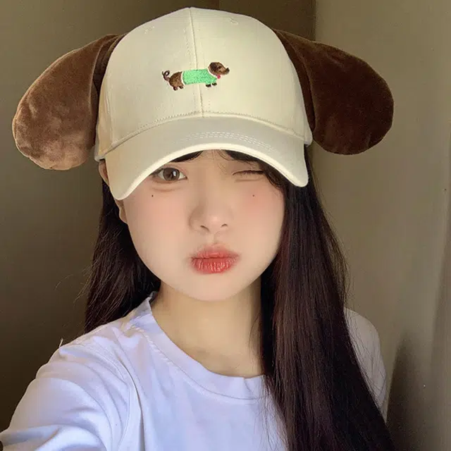 雅鹿 可爱腊肠狗刺绣耳朵会响户外出游防晒遮阳学院风学生时尚潮流百搭大头围显脸小 棉 鸭舌帽 男女同款情侣款