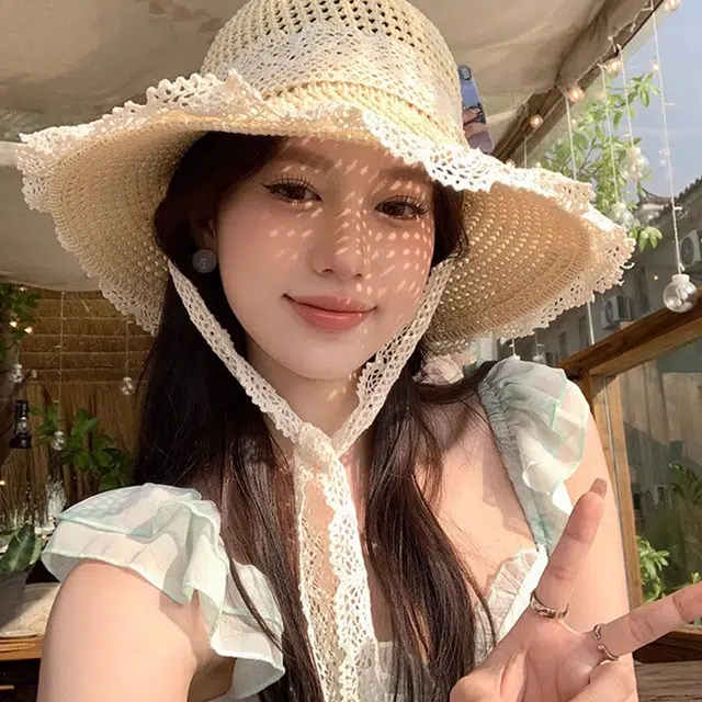 雅鹿 大帽檐遮阳夏季海边透气草编遮脸蕾丝花边草帽时尚百搭 腈纶 防晒帽 女款