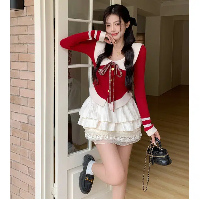 古莲菲 纯欲甜美辣妹简约裙装套装 女款 红白