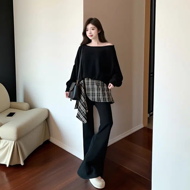 古莲菲 设计感春秋斜肩长袖上衣卫衣微喇长裤港味时尚两件套休闲套装 女款