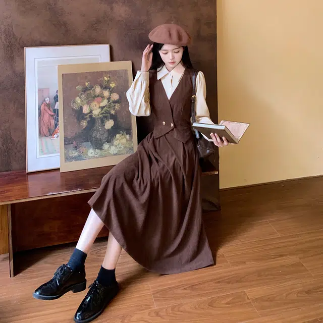 古莲菲 设计感衬衫领拼接收腰显瘦长款长袖连衣裙 女款 咖啡色