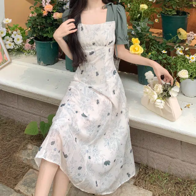 古莲菲 复古文艺碎花气质拼接法式温柔中长款裙子短袖连衣裙 女款 绿色