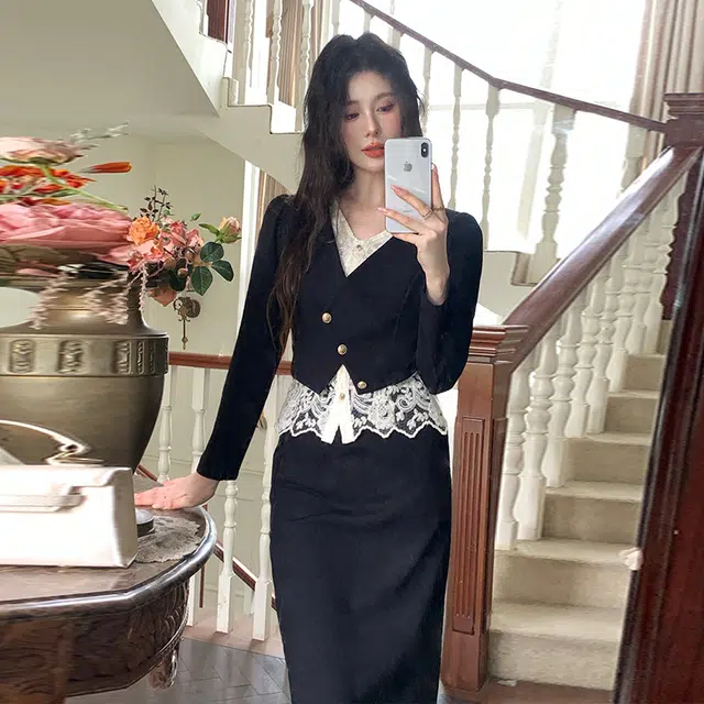 古莲菲 设计感洋气黑色小香风名媛气质高级感上衣半身裙时尚两件套裙装套装 女款