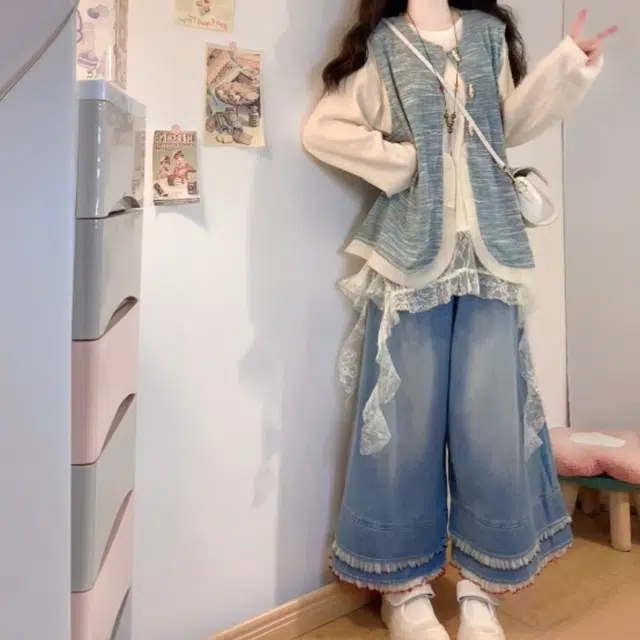 古莲菲 森系文艺女不规则蕾丝花边马甲牛仔裤三件套休闲套装 女款