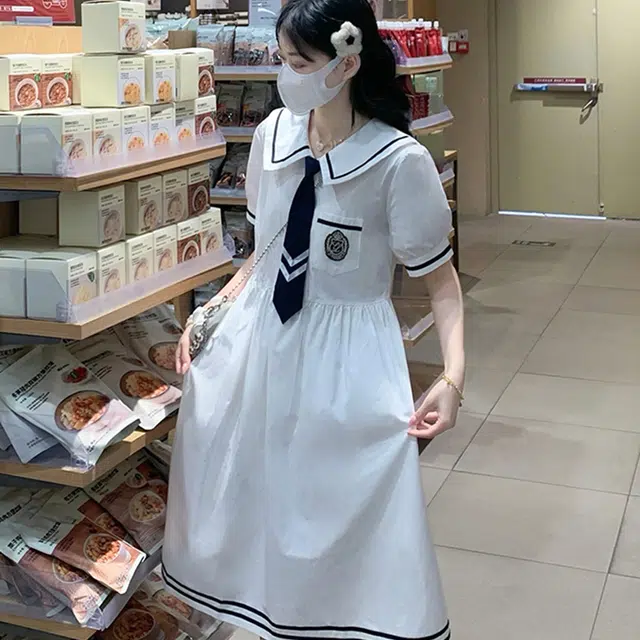 古莲菲 学院风水手服夏季海军领收腰长款显瘦短袖连衣裙 女款