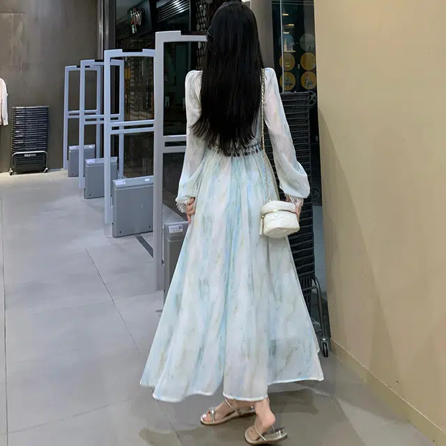 古莲菲 度假风海边茶歇法式温柔风收腰显瘦超仙女神范碎花气质连衣裙配腰链长袖连衣裙 女款 图色