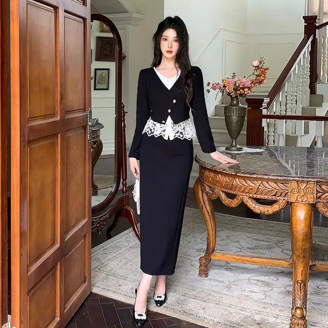 古莲菲 设计感洋气黑色小香风名媛气质高级感上衣半身裙时尚两件套裙装套装 女款