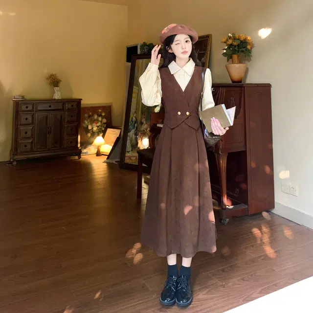 古莲菲 设计感衬衫领拼接收腰显瘦长款长袖连衣裙 女款 咖啡色