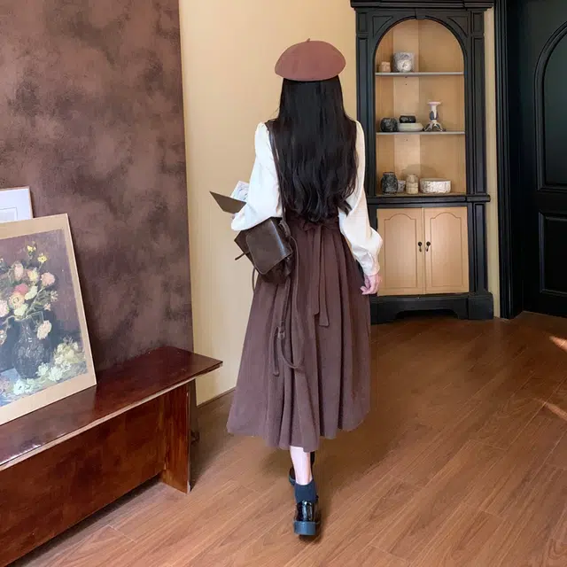 古莲菲 设计感衬衫领拼接收腰显瘦长款长袖连衣裙 女款 咖啡色