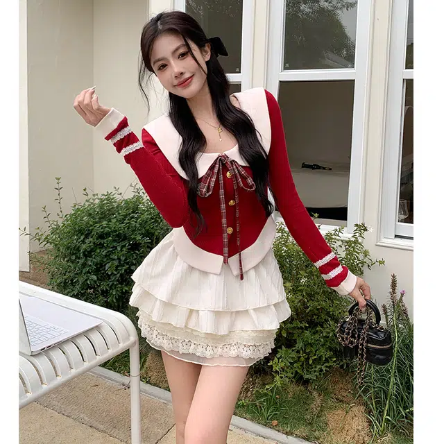 古莲菲 纯欲甜美辣妹简约裙装套装 女款 红白