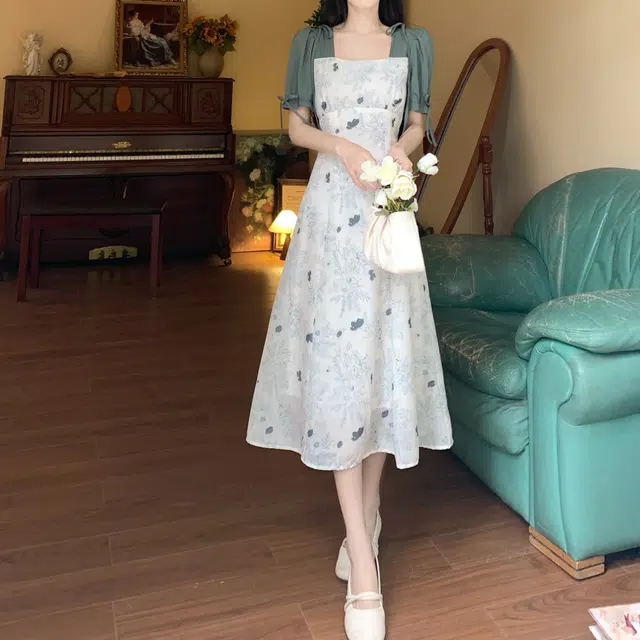 古莲菲 复古文艺碎花气质拼接法式温柔中长款裙子短袖连衣裙 女款 绿色