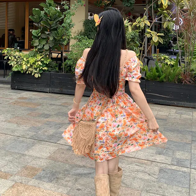 古莲菲 方领碎花薄款短裙短袖连衣裙 女款 短款裙