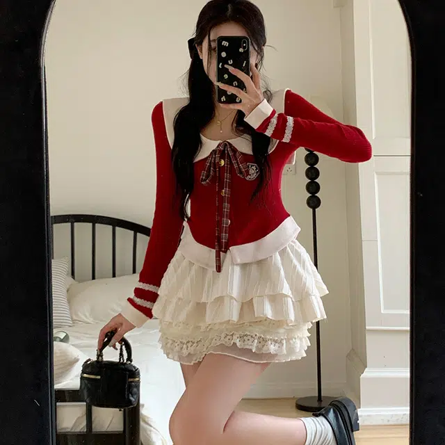 古莲菲 纯欲甜美辣妹简约裙装套装 女款 红白