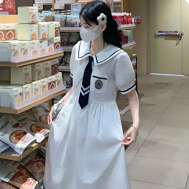 古莲菲 学院风水手服夏季海军领收腰长款显瘦短袖连衣裙 女款