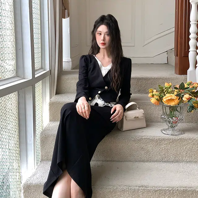 古莲菲 设计感洋气黑色小香风名媛气质高级感上衣半身裙时尚两件套裙装套装 女款