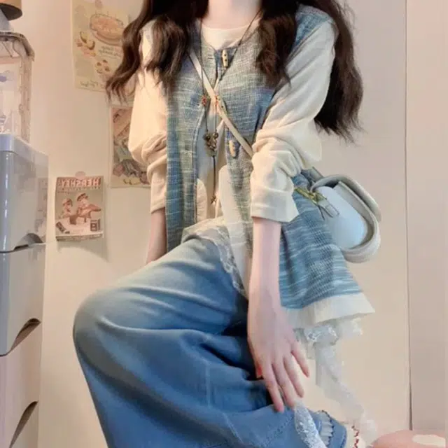 古莲菲 森系文艺女不规则蕾丝花边马甲牛仔裤三件套休闲套装 女款