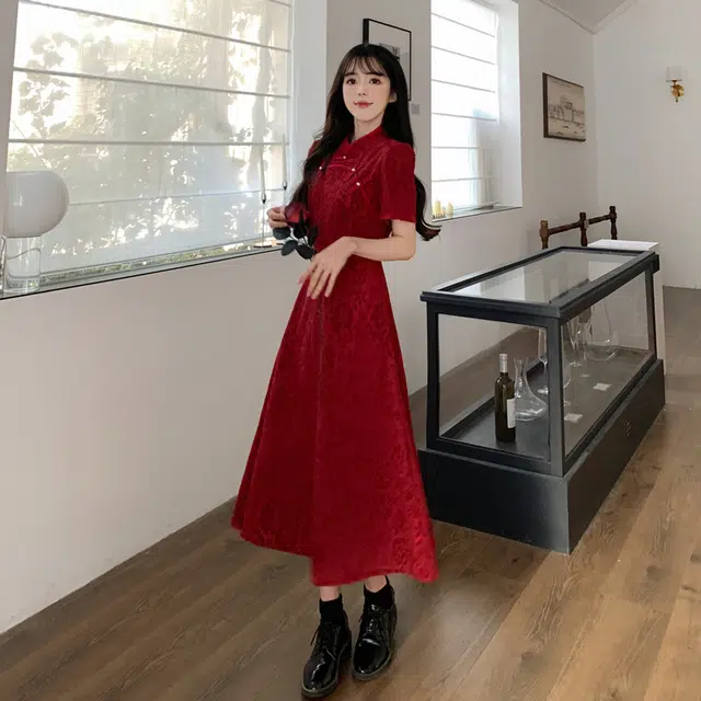 古莲菲 高级感小个子新中式舒适拼接时尚短袖连衣裙 女款 红色