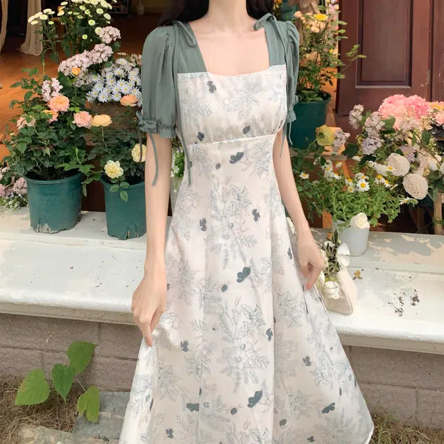 古莲菲 复古文艺碎花气质拼接法式温柔中长款裙子短袖连衣裙 女款 绿色