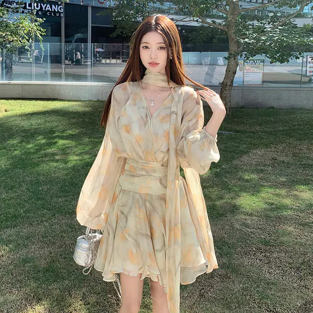 古莲菲 碎花领度假风休闲百搭长袖连衣裙 女款 草绿色