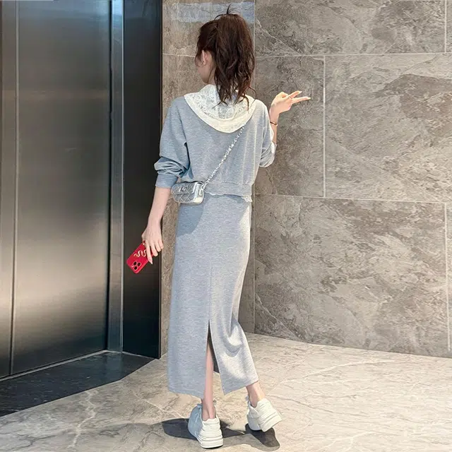 古莲菲 韩系运动装设计感连帽卫衣外套高腰半身裙裙装套装 女款 灰色