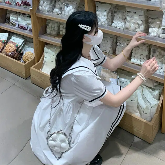 古莲菲 学院风水手服夏季海军领收腰长款显瘦短袖连衣裙 女款