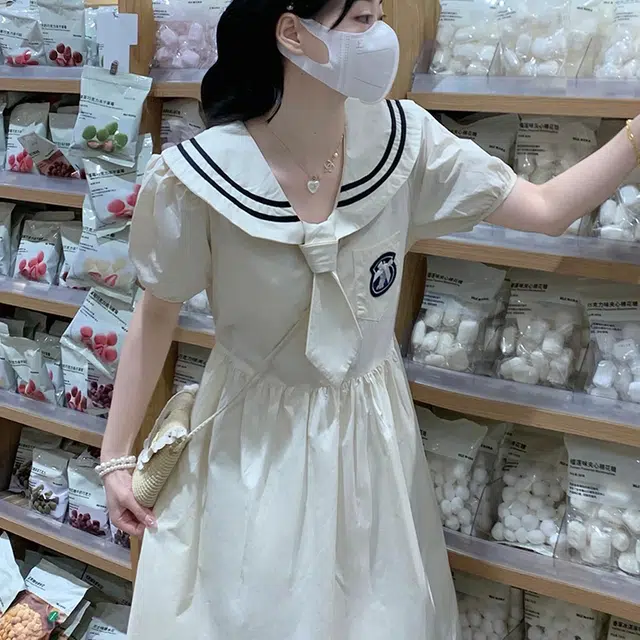 古莲菲 学院风水手服夏季海军领收腰款显瘦收腰短袖连衣裙 女款 杏色