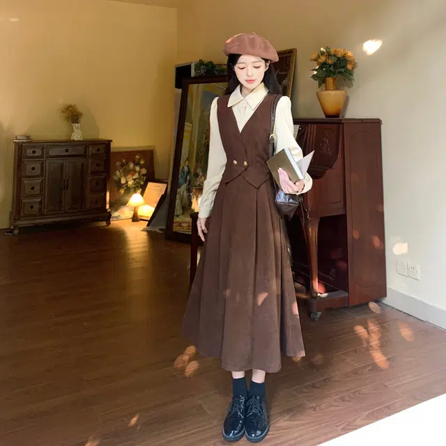 古莲菲 设计感衬衫领拼接收腰显瘦长款长袖连衣裙 女款 咖啡色