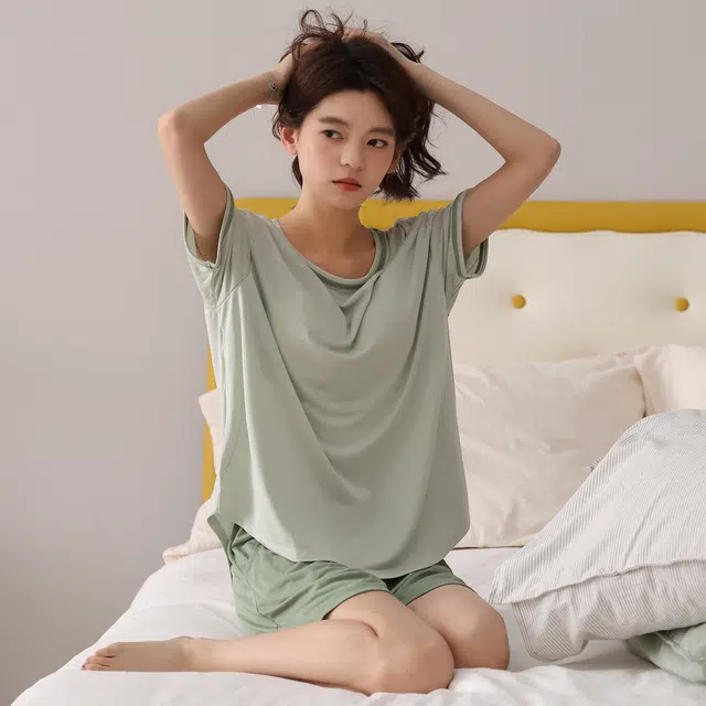芬腾可安 带胸垫女夏薄款休闲家居服简约韩版短袖短裤长裤可外穿学生舒适透气睡衣套装 女款