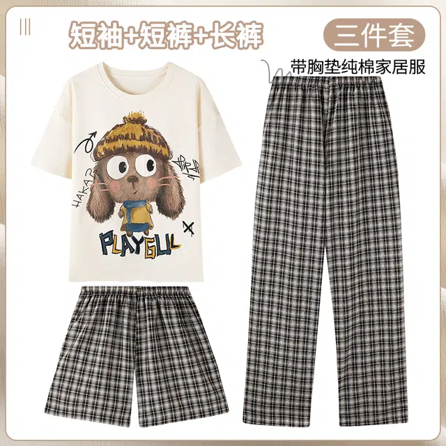 芬腾可安 带胸垫薄款全棉三件套家居服卡通纯棉短袖格子短裤长裤可外穿睡衣套装 女款
