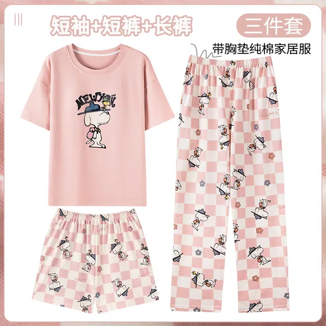 芬腾可安 女夏季薄款带胸垫全棉三件套家居服卡通纯棉短袖短裤长裤可外穿甜美少女透气睡衣套装 女款