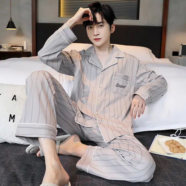 芬腾可安 时尚条纹开衫长袖长裤可外穿家居服睡衣套装 男款 图色