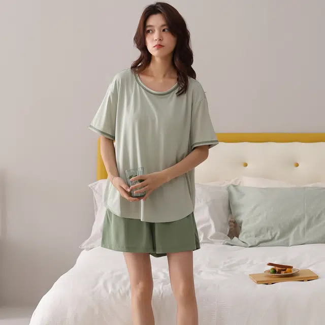 芬腾可安 带胸垫女夏薄款休闲家居服简约韩版短袖短裤长裤可外穿学生舒适透气睡衣套装 女款