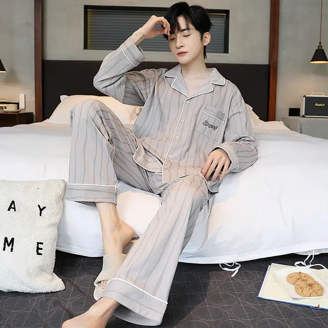 芬腾可安 时尚条纹开衫长袖长裤可外穿家居服睡衣套装 男款 图色