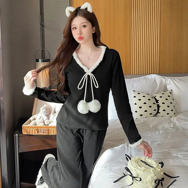 芬腾可安 保暖休闲德绒带胸垫甜美韩版长袖长裤家居服可外穿睡衣套装 女款