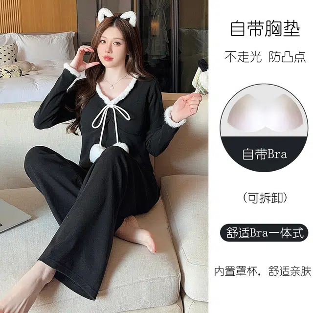 芬腾可安 保暖休闲德绒带胸垫甜美韩版长袖长裤家居服可外穿睡衣套装 女款