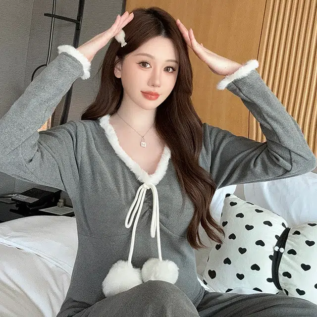 芬腾可安 保暖休闲德绒带胸垫甜美韩版长袖长裤家居服可外穿睡衣套装 女款