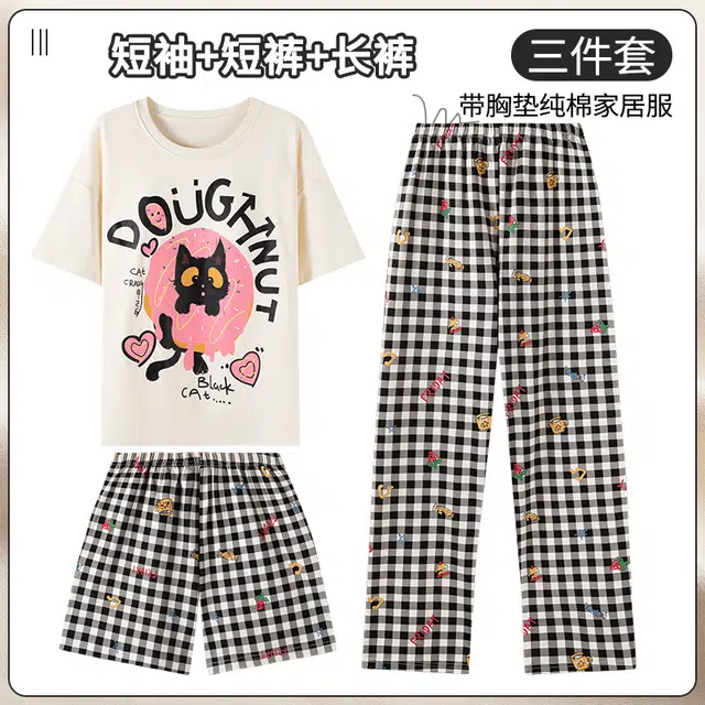 芬腾可安 女夏季薄款带胸垫全棉三件套家居服可爱卡通纯棉格子短袖短裤长裤可外穿学生睡衣套装 女款