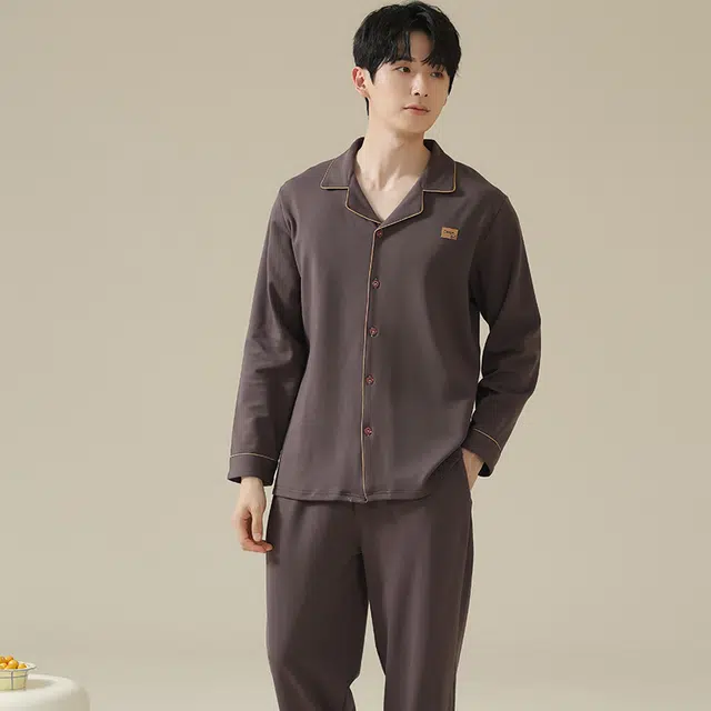 芬腾可安 男春秋季舒适家居服韩版高级感开衫透气长袖长裤可外穿休闲青年大码睡衣套装 男款