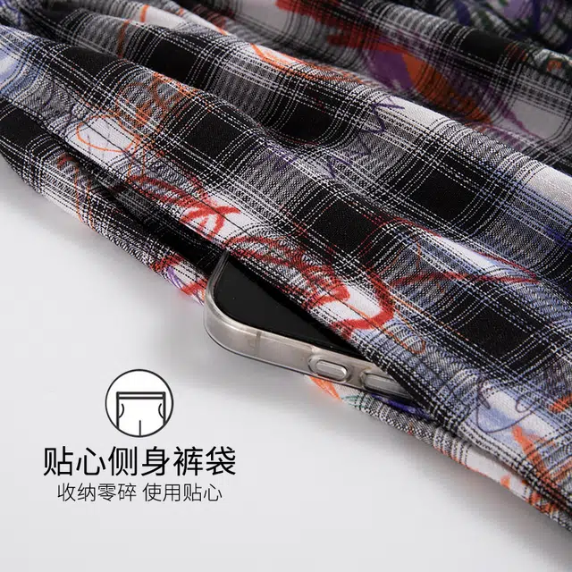 芬腾可安 女夏季薄款带胸垫全棉三件套家居服可爱卡通纯棉格子短袖短裤长裤可外穿学生舒适睡衣套装 女款