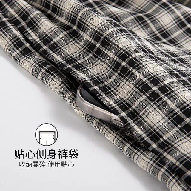 芬腾可安 带胸垫薄款全棉三件套家居服卡通纯棉短袖格子短裤长裤可外穿睡衣套装 女款