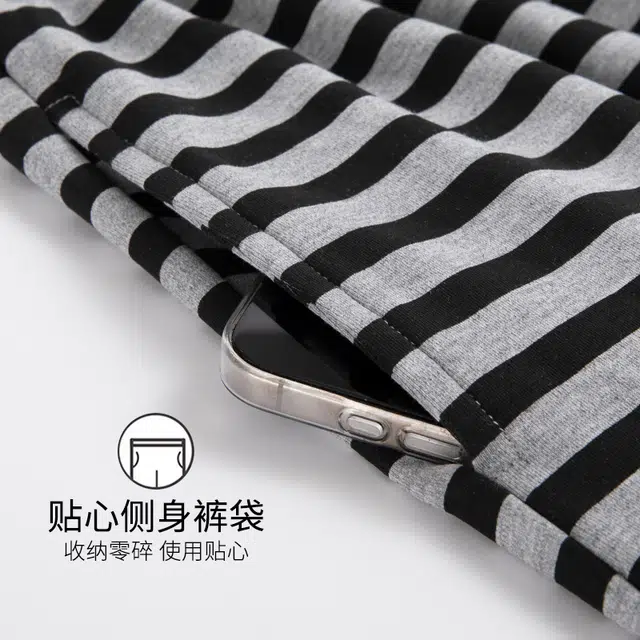 芬腾可安 女夏季薄款带胸垫全棉三件套家居服卡通纯棉短袖条纹短裤长裤可外穿舒适透气睡衣套装 女款